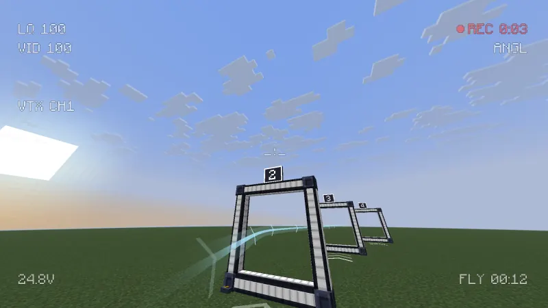 Racing in FPV with the action cam recording: the race line leads through gate 2 towards gates 3 and 4