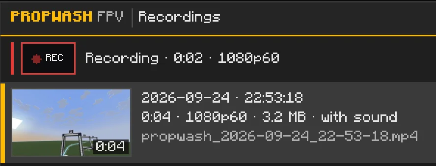 The Recordings window: a recording running at 1080p60 and a finished 4-second clip with thumbnail, 3.2 MB, with sound, saved as an MP4 file