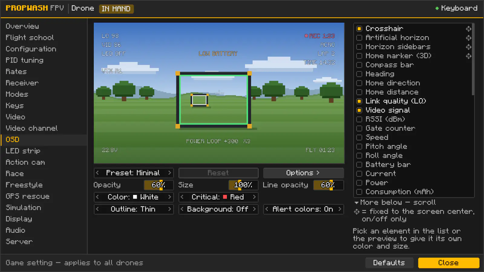 Configurator, OSD tab: choose, place and style OSD elements with a live preview