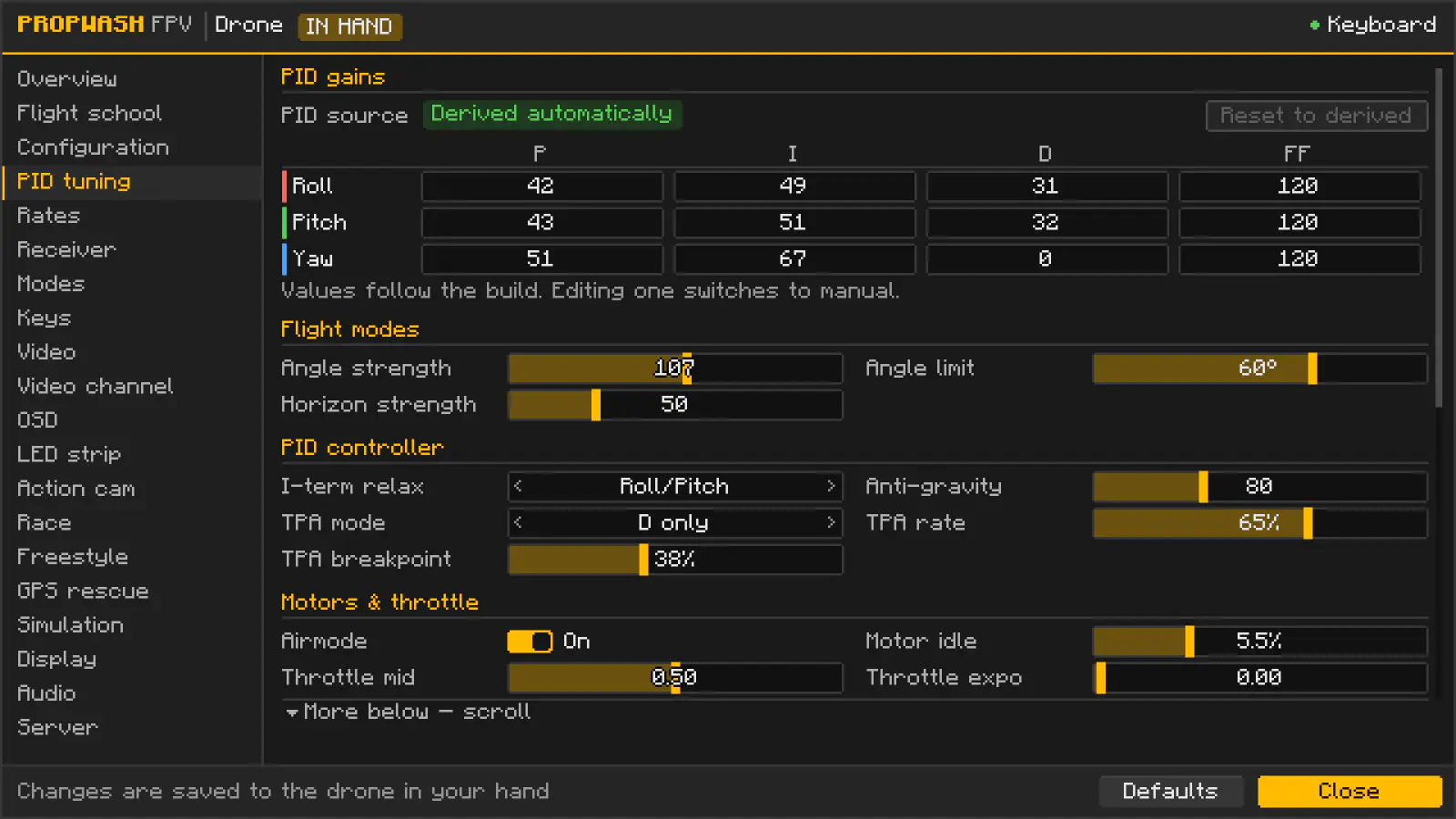 Configurator, PID tuning tab: P, I, D and feed-forward per axis, flight mode strengths and PID controller settings