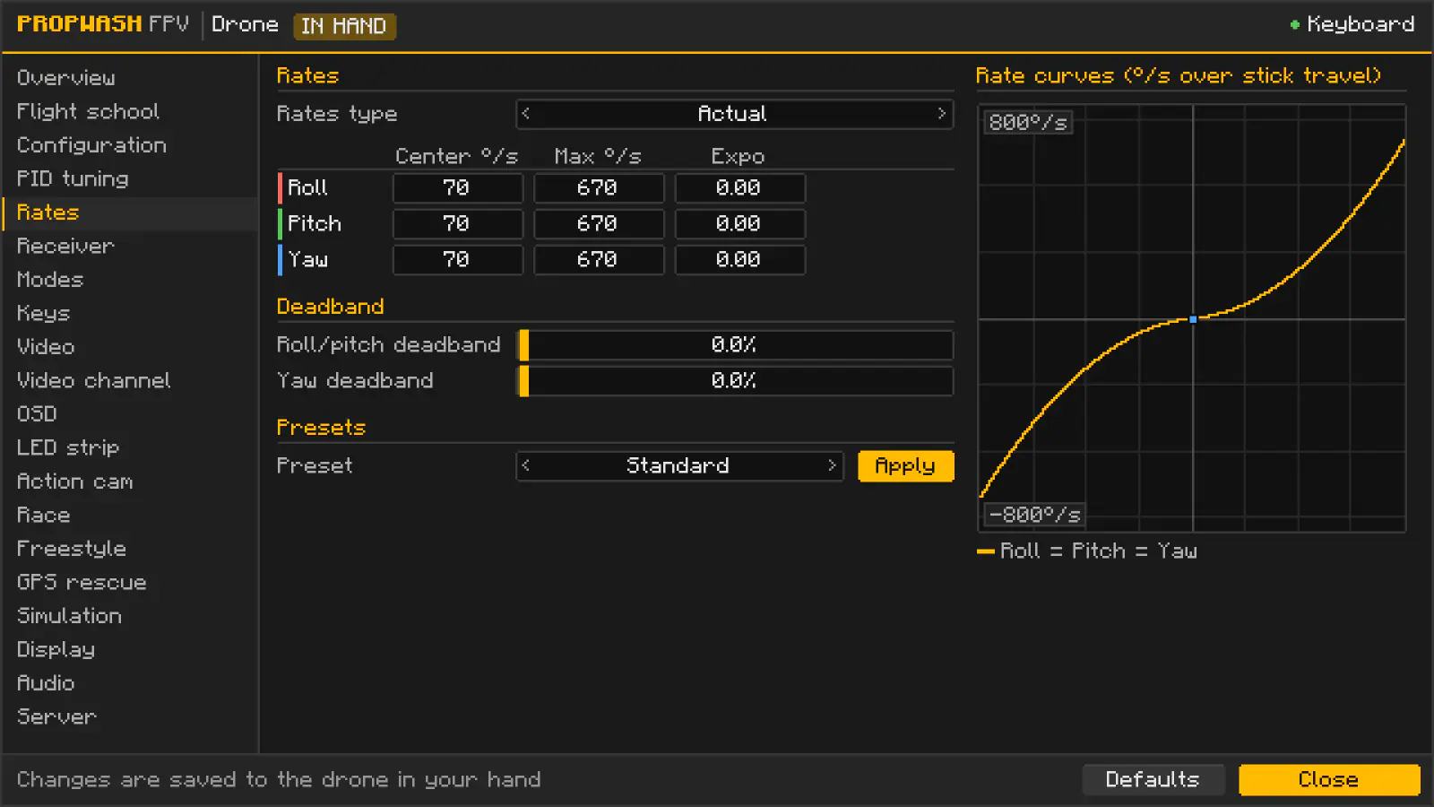 Configurator, Rates tab: Actual rates per axis with a live rate curve