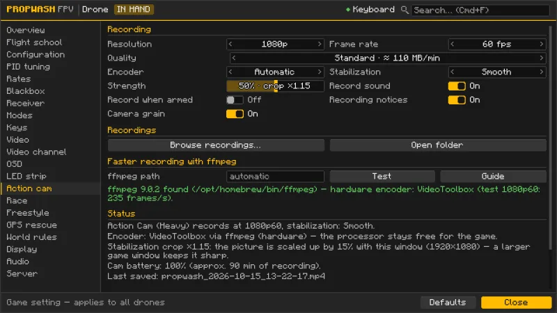 The Action cam tab with the section Faster recording with ffmpeg: the ffmpeg path field with the buttons Test and Guide, and below them a green status line with the ffmpeg version, its path and the working hardware encoder