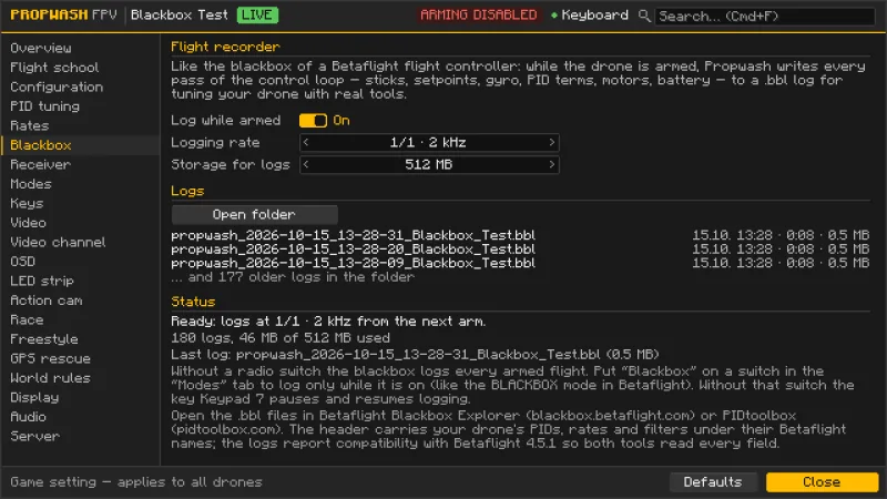 The Blackbox tab of the configurator: logging switched on, logging rate 1/1 at 2 kHz, storage limit, a list of logs with date, duration and size, and the status ready