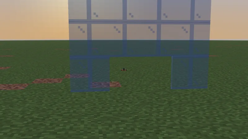 A wall of glass panes with exactly one pane missing; the drone hovers behind the gap
