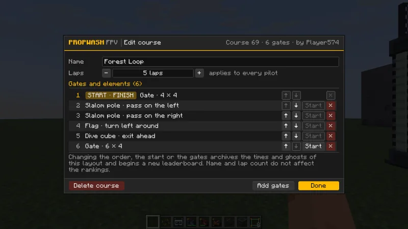 The Edit course window: name and laps at the top, below them the list of gates and elements with the first one marked START · FINISH and buttons to move, set the start and take out each row, at the bottom Add gates, Delete course and Done