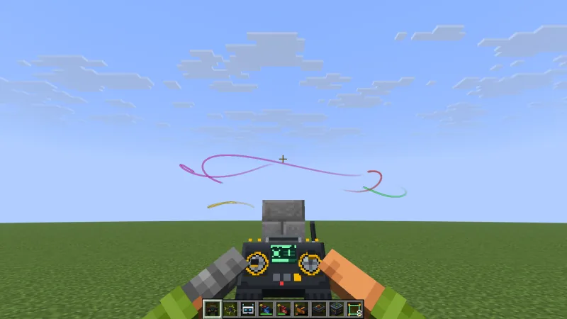 Five drones flying over a meadow, each pulling a thin glowing trail in its own colour that fades towards the end