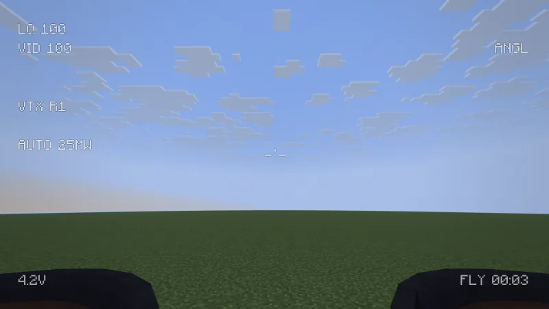 FPV view of the 65 mm whoop with the camera tilted up 20 degrees: the two front ducts as dark rings in the lower corners, the meadow and the sky in between, OSD at the edges
