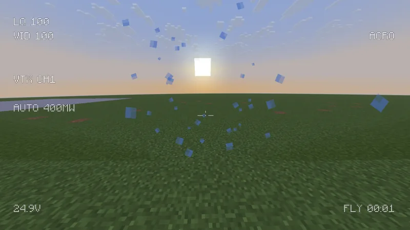 FPV view one moment after smashing through a glass pane: small shards fly ahead of the drone and the horizon is tilted by the kick, OSD at the edges