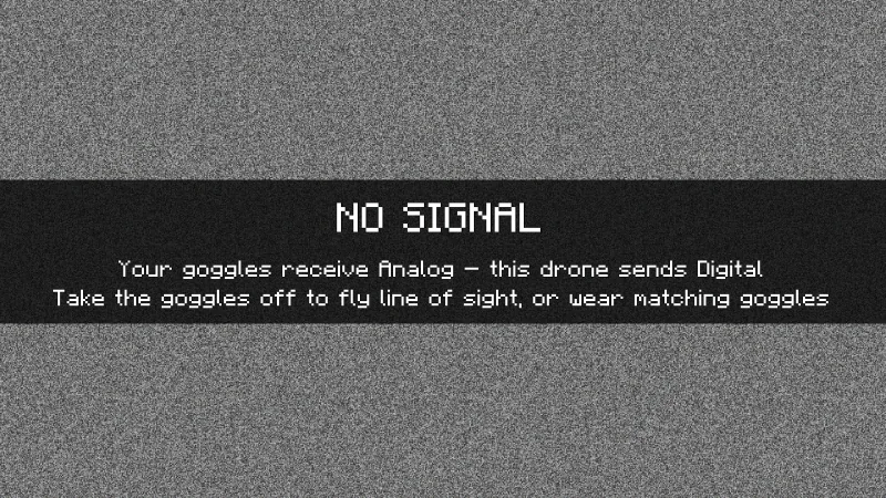 View through analog goggles on a digital drone: grey noise fills the picture, a dark band in the middle says NO SIGNAL, your goggles receive Analog, this drone sends Digital, and to take the goggles off or wear matching ones