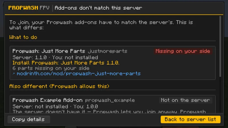 The window “Add-ons don’t match this server” in the Propwash style: one card per add-on with its status, the server’s and your version, what to do and a link, and the buttons Copy details and Back to server list