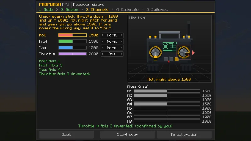 The receiver wizard checking channels: roll, pitch and yaw at 1500, throttle at 2000 and inverted, the animated radio showing what to do and the raw axes below it
