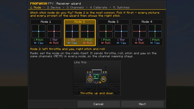 The first page of the receiver wizard: four cards for Mode 1 to 4, each with two small sticks labelled pitch, yaw, throttle and roll; Mode 2 is highlighted, below it the animated radio