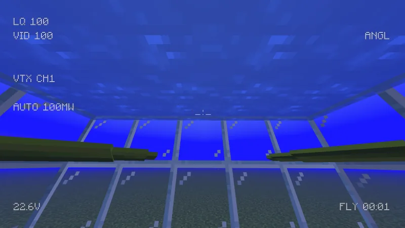 FPV view of a coated drone flying under water, the surface shimmering above