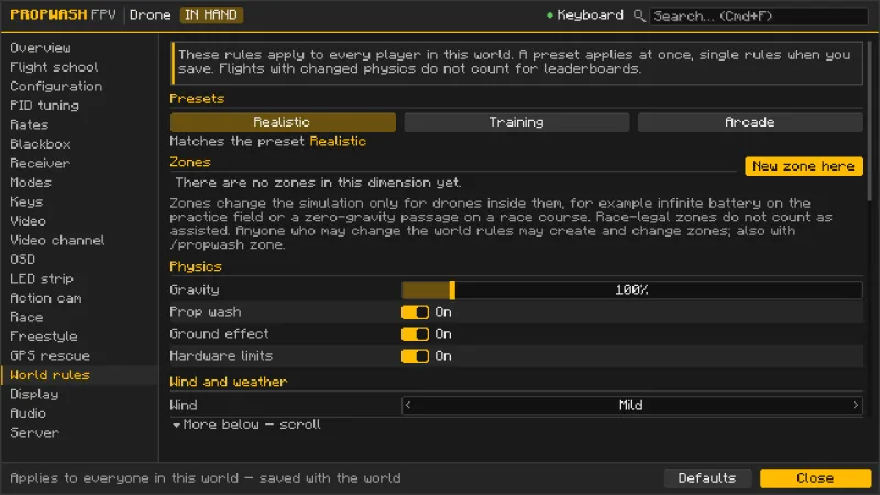 The World rules tab in the Propwash configurator: the presets Realistic, Training and Arcade at the top, then physics, wind and weather and battery rules with sliders and switches