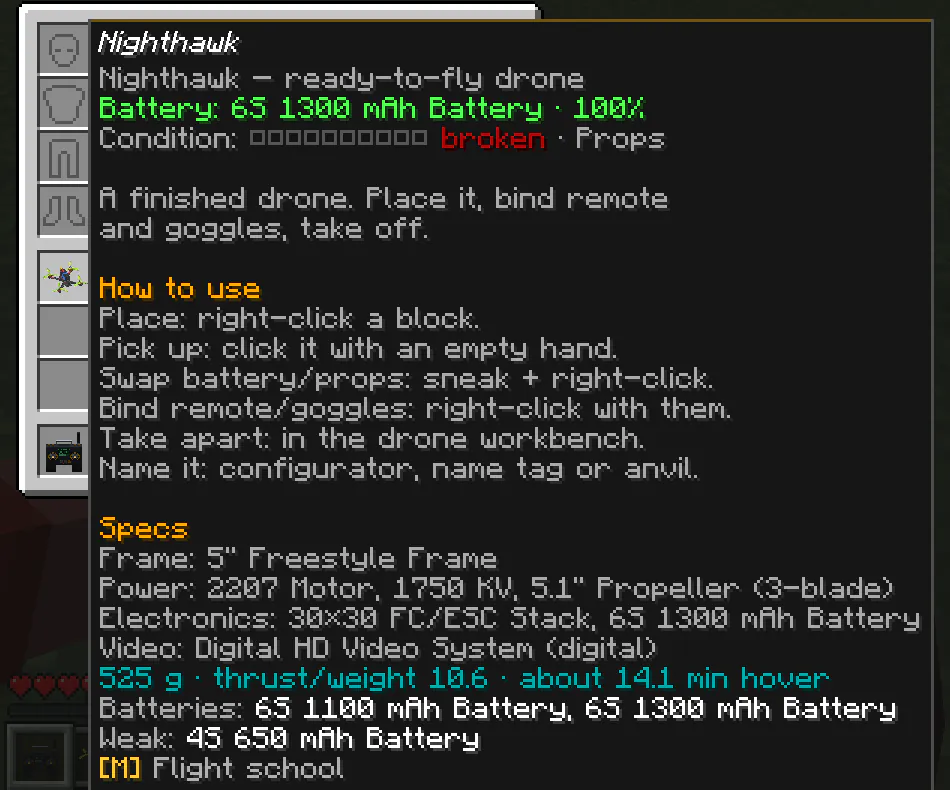 Drone tooltip with battery, condition, how-to and full specs