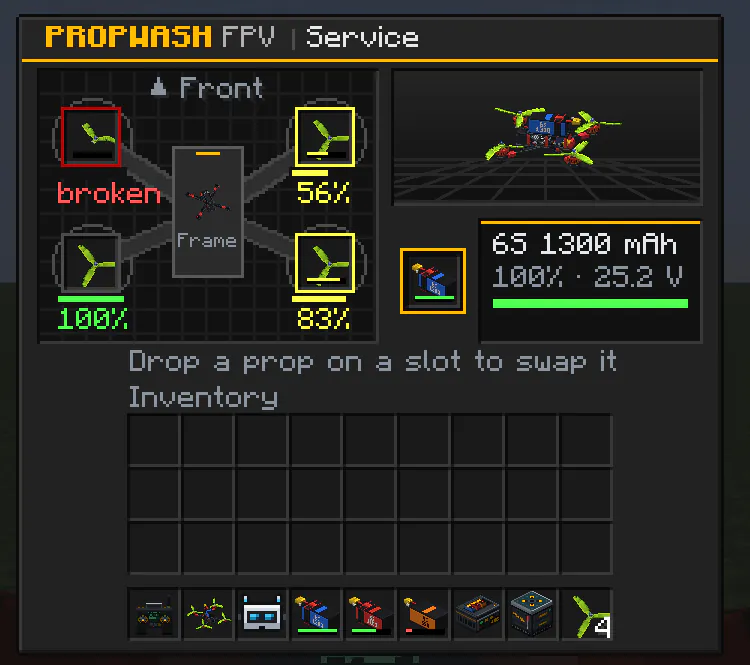 Service menu: one broken prop, the others at 56 to 100 percent, battery full