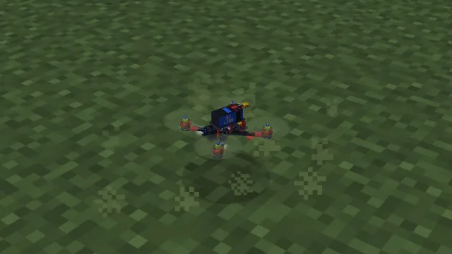 Close-up of a drone just after take-off: its rotors stir up dust from the grass below (dust amount set to maximum)