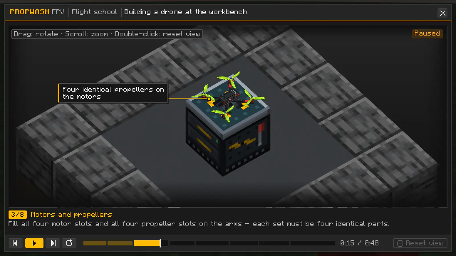 Flight School lesson: building a drone at the workbench, with callouts and a timeline