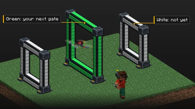 Flight School lesson on racing, as a 3D diorama: the next gate glows green, the others stay white