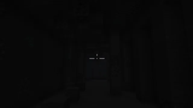 The same cave tunnel with the headlight off: the pillars ahead disappear in the dark