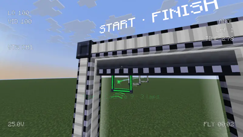 FPV view through the goggles: flying towards the start/finish gate with the Betaflight-style OSD