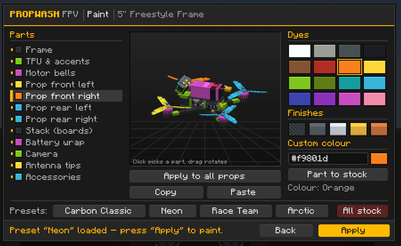 Paint screen: twelve parts, dyes, finishes and a custom hex color