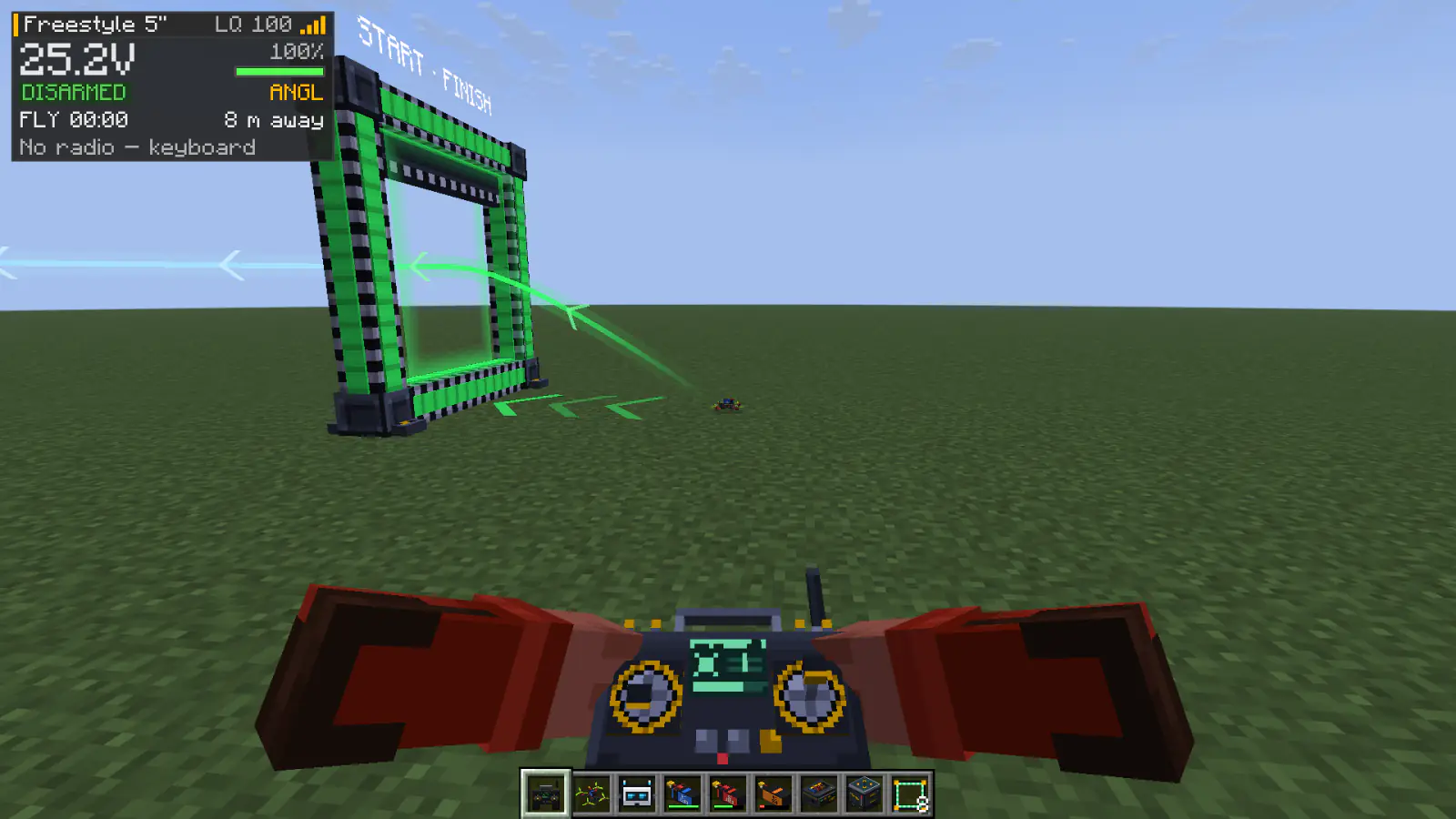 Line-of-sight flight: the radio in both hands, the compact radio HUD top left and the next gate lit green