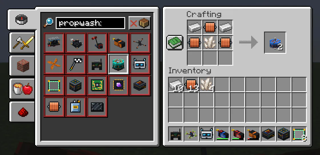 Crafting table with the recipe book filtered for propwash
