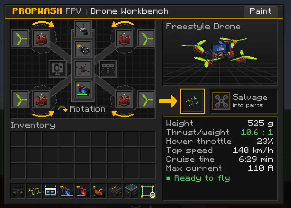 The Drone Workbench: part slots, 3D preview and build stats like weight, thrust-to-weight, top speed and flight time